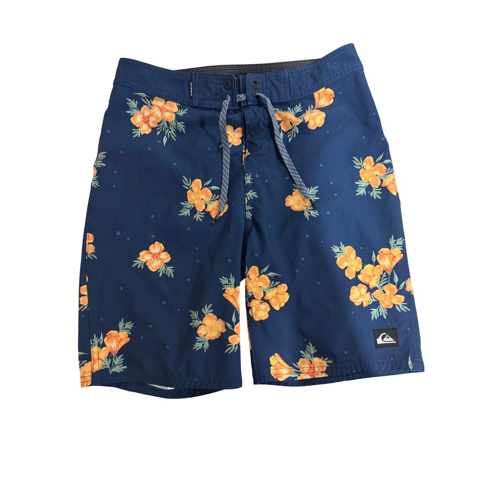 Quiksilver Boys Navy Blue‎ Orange Floral Poppy Board Shorts Swim Trunks
